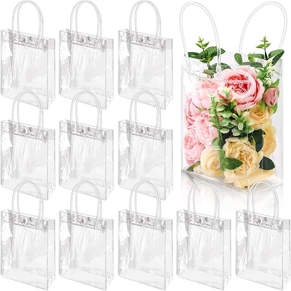 Dyrfolm 24 Clear Plastic Gift Bags with Handle, Reusable Transparent Plastic Gift Wrap Tote Bags for Party Favor Shopping Wedding (5.9"x7.8"x2.7")