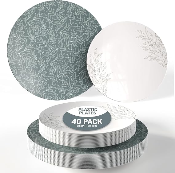 Trendables Disposable Dinnerware Decorative Plates Plastic Disposable Plates Set For 20 Guests 20 x 8 Inch Dessert Plate & 20 x 10 Inch Wedding Party Plate Set Aleh
