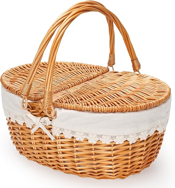 Wicker Picnic Basket with Liner, Empty Picnic Baskets with Lid, Cream