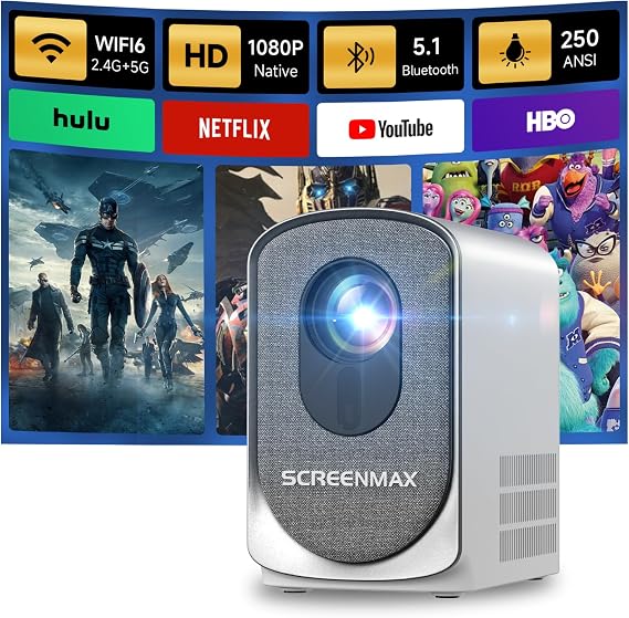 C7 Mini Projector WiFi Bluetooth, 1080P Supports Video Projector Electronic Focus Keystone Correction, Mobile Phone Projector Home Cinema Compatible with iPhone/Android/Laptop/TV Stick