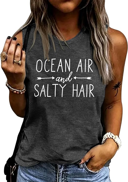BANGELY Beach Tanks Women Beach Shirts Ocean Air and Salty Hair Tank Funny Cruise Summer Sleeveless Family Vacation Vest Top