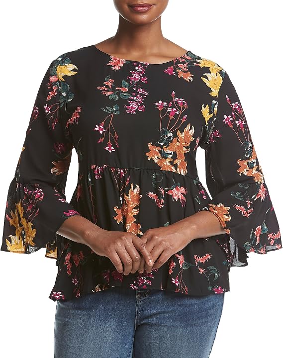 Cupio Plus Size Flared Sleeve High Low Tiered Top 1X