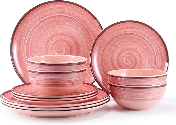 Plates & Bowls Set for 4, Melamine Plate Set, 12 Piece Dinner Set Solid Color Dinner Set, Beautiful Wedding Party Plates Set Dishwasher Safe, BPA Free (Mars)