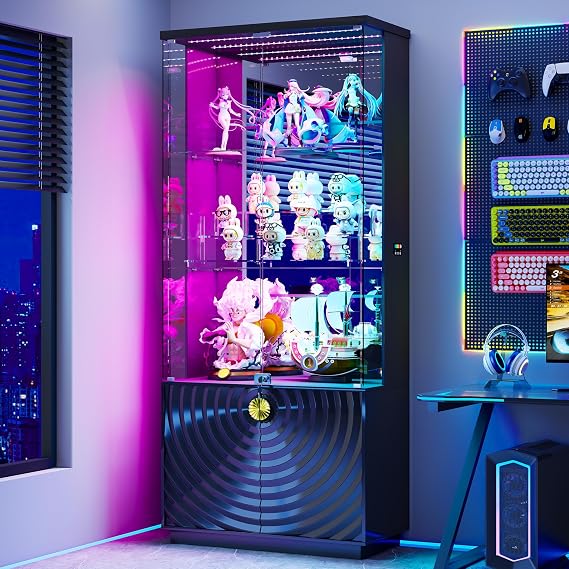 Lockable 71"H Display Cabinet with Glass Door and Sensor RGB Lights,Black | Lighted Glass Display Cabinet with 3-Tier Glass Shelves,Curio Cabinet with Storage for Collectibles