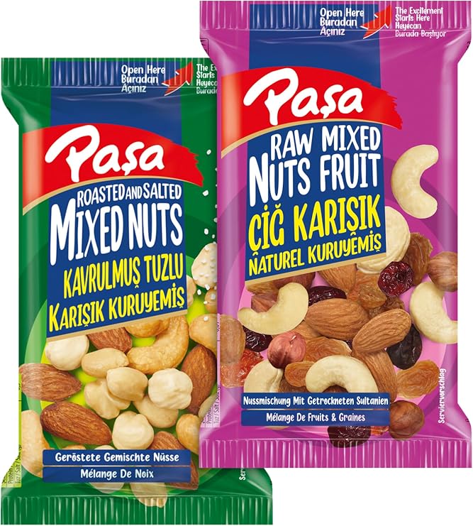 Pasha Mixed Nuts Package, Salty and Natural Mix, 12 pieces x 40gr, Total 480gr, Hazelnut, Almond, Cashew, Raisin and Crane Eaten