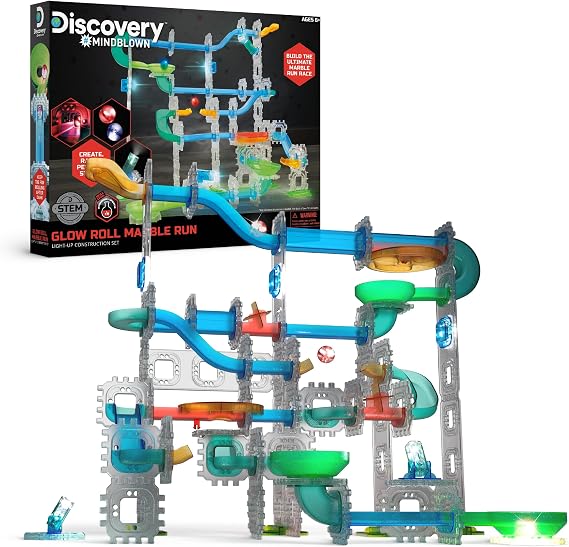 Discovery Marble Run Race Track 92-Piece Light-Up Marble Maze Construction Set| LED Marbles| STEM Learning Activity| Sensory Toy Building Kit| Educational Physics & Engineering Toy for Kids Ages 6+