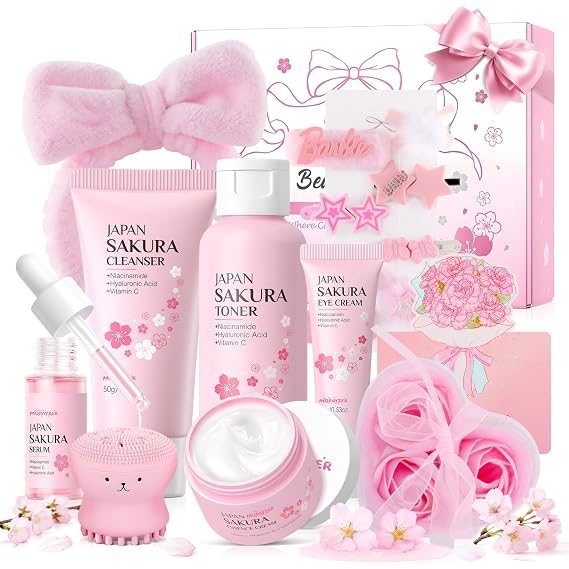 Sakura Skin Care Set for Teens and Women, 17Pcs Skincare Gift Set with Cleanser, Toner, Serum, Face Cream, Eye Cream, Hair Clips, Headband, Face Brush, Soap Flowers and Gift Box