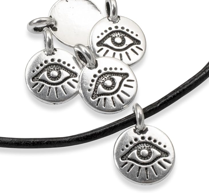 Silver Evil Eye Charm Pendants, Mini Symbol for Leather Cord, 5-Pack