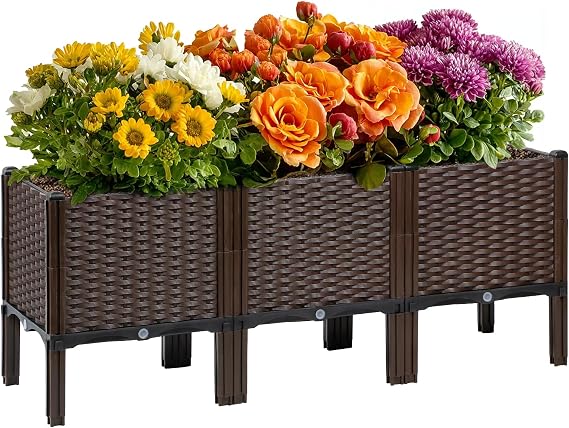 Rattan Raised Garden Bed with Legs-Rectangular Elevated Deep Planters for Outdoor Plants, Self Watering Planter Box 47"L x 16"W x 20"H, Rectangular Deep Garden Bed for Vegetables, Flowers, Herbs