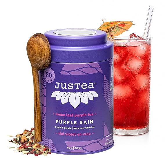 JusTea PURPLE RAIN Loose Purple Tea, 40+ Cups Tin with Spoon, 1/5 Caffeine