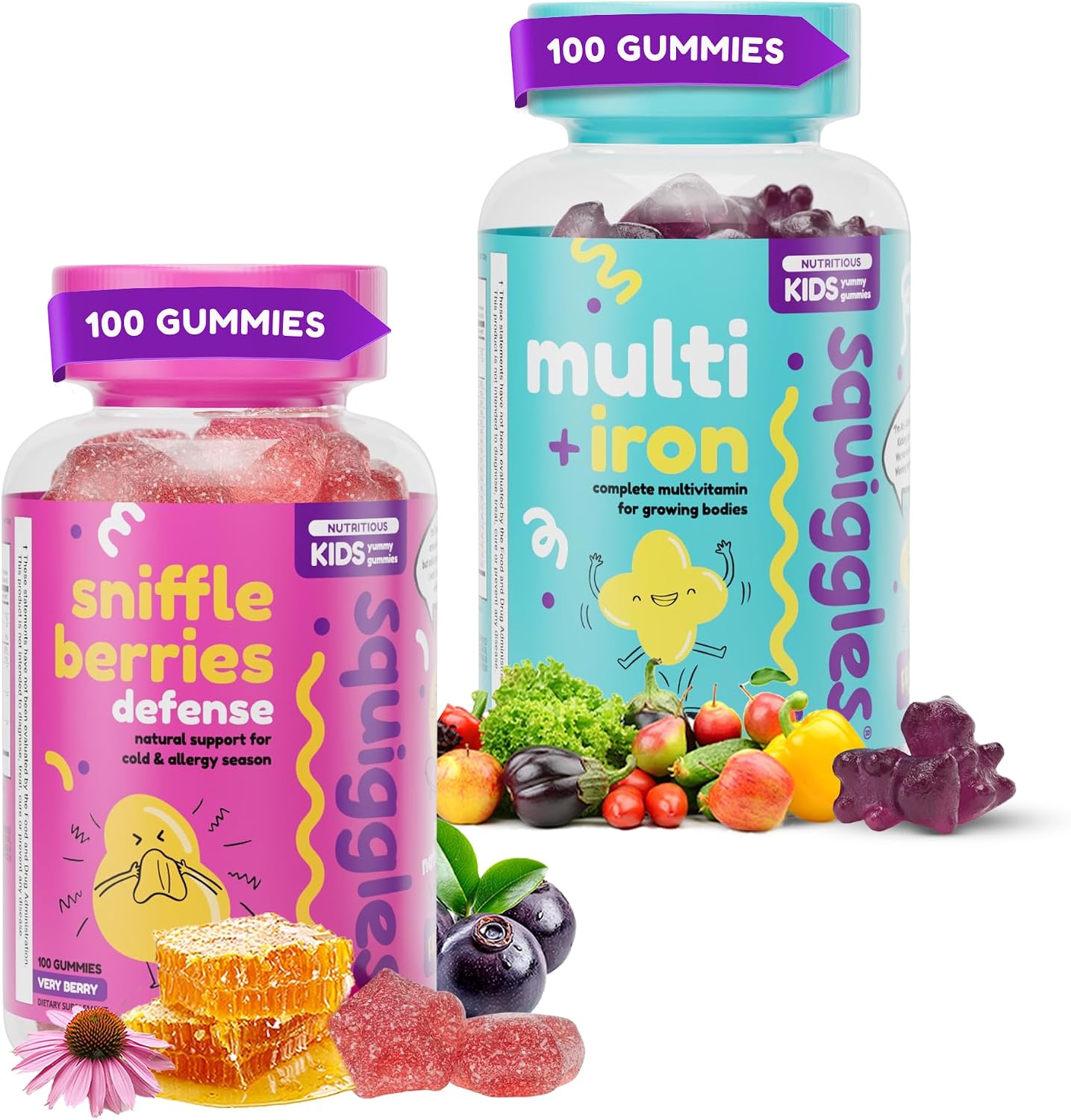 Squiggles Sniffle Berries 100 Count  Multivitamin Iron Gummies 100 Count - Low Sugar Gummy Vitamins with Iron Supplements for Kids & Kids - Bundle