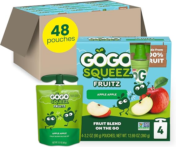GoGo squeeZ Applesauce, Apple Apple, 3.2 Ounce (48 Pouches), Gluten Free, Vegan Friendly, Unsweetened Applesauce, Recloseable, BPA Free Pouches