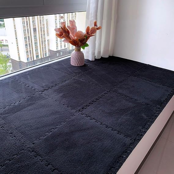Interlocking Floor Mat with Edgings,12 Pcs Plush Floor Tiles,Puzzle Foam Playmat,Interlocking Foam Tiles,Carpet Rugs(Size:12x12x0.39 Inch,Color:Black)