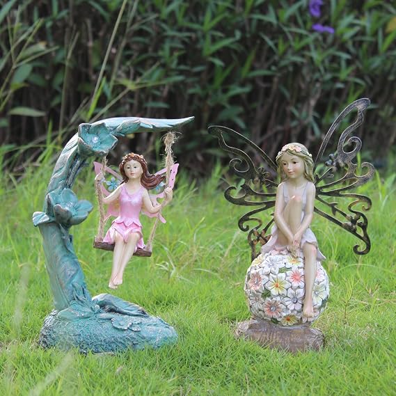 Suyorpe Garden Flower Fairy Outdoor Decor Statue 2PCS Combination,Solar Powered Outdoor Resin Statues Patio Lawn Yard Porch, Funny Flower Fairy Ornaments Figurines for Outside Garden Gifts
