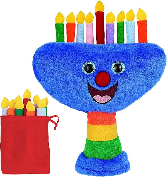 Plush Hanukkah Menorah - Musical Menorah Plays 2 Classic Hanukkah Melodies Includes Removable Candles & Candle Bag