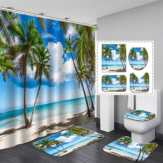 Tropical Palm Tree Shower Curtain Sets With Rugs 4 Piece, Waterproof Polyester Fabric Coastal Ocean Shower Curtain Bathroom Decor Summer Blue Beach Landscape Curtains Mat Bath Toilet Home Decorations