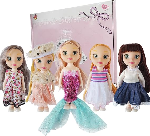 6.3" Mini Girl Dolls, Include 5 Sets Handmade Doll Clothes, 5 Sets 6.3" Small Girl Dolls, 5 Pairs of Shoes