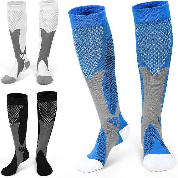 3 Pair Compression Socks, Circulation 20-30 mmhg Compression Stockings, Flight Socks, Knee High Knee High Varicose Veins Socks for Running Nursing Flight Travel