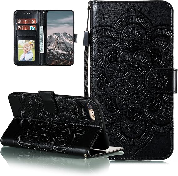 EYZUTAK Mandala Case for iPhone SE(5G) 2022 iPhone 7 iPhone 8 iPhone SE 2020, Premium Leather Flip Wallet Card Slots Magnetic Stand Ultra Slim Case with Lanyard, Embossed Flip Cover-Black