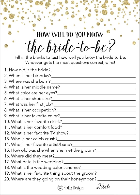 Hadley Designs Bridal Shower Games for 25 Guests Gold Dots How Well Do You Know The Bride Game, Who Knows the Bride Best, Wedding Shower, Engagement Party Activities