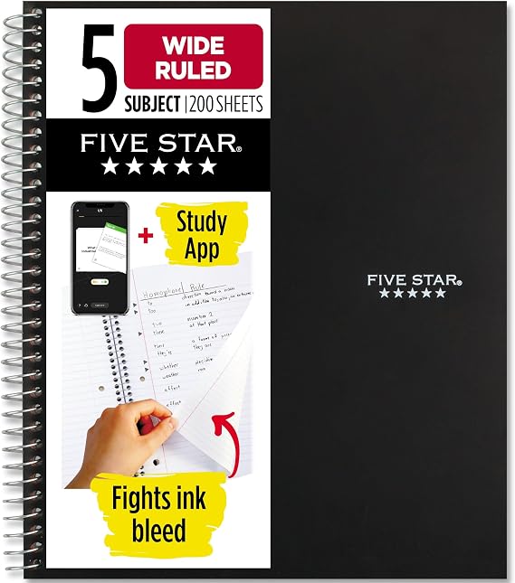 Five Star Spiral Notebook + Study App, 5 Subject, Wide Ruled 8" x 10.5" Paper, 200 Sheets, Fights Ink Bleed, Water Resistant Cover, Black (72045)