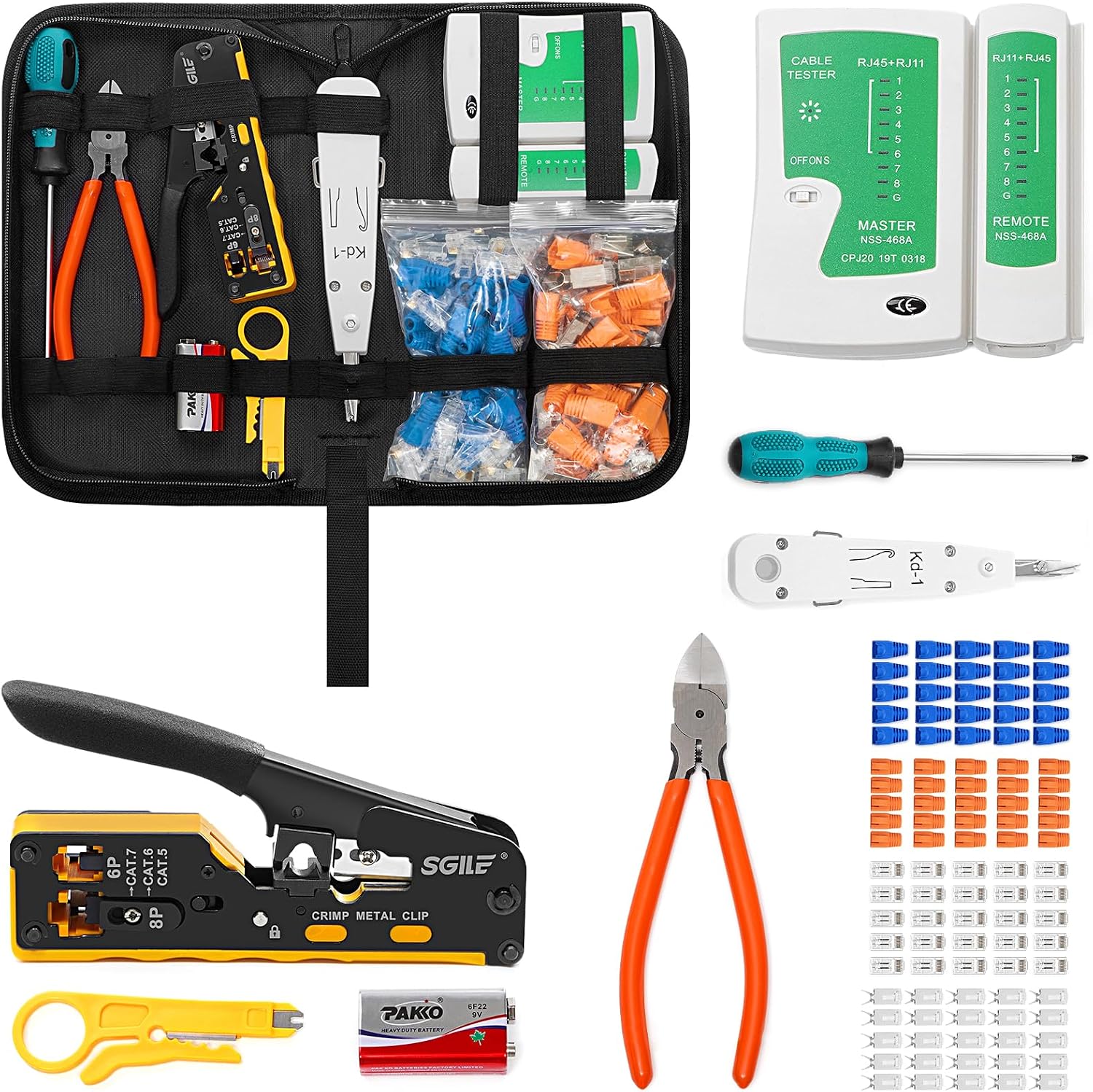 SGILE Network Tool Kit, RJ45/RJ11/RJ12 Crimping Tool for Cat5/Cat6/Cat7, with 25 Cat6 & 25 Cat7 Connectors, Cable Tester & Wire Stripper, Ethernet Repair Set