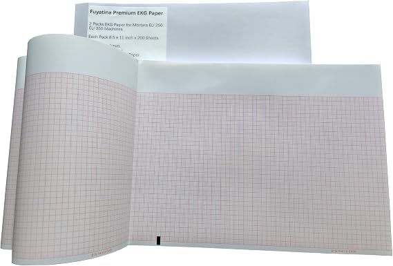 Fuyatina 2 Packs EKG Paper Fit for Mortara ELI 250, ELI 250C, ELI 350 Machines, Each Pack 8.5 x 11 inch x 200 sheets, Cued with Header, Red Grid Z Fold Paper, Premium 80gsm Z Fold