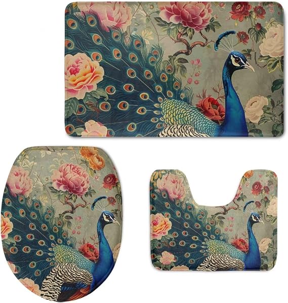 Peacock Bathroom Rugs Sets 3 Piece Toilet Seat Cover and Rug Set Bathroom Toilet Seat Covers Toilet Seat Cover with Lid Cover Soft Contour Rug + Toilet Lid Cover + Bath Mat