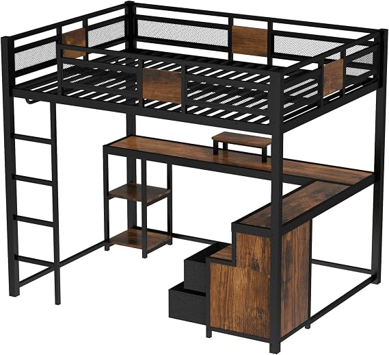Bellemave Queen Loft Bed with L-Shaped Desk and Storage Drawers, Queen Size Loft Bed Frame with Computer Monitor Stand, Corner Shelf and Hanger Rod, Adults Loft Beds Nosie-Free, Black