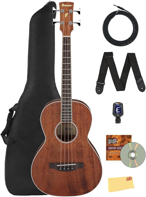 Ibanez PNB14E Acoustic-Electric Bass Guitar - Open Pore Natural Bundle with Gig Bag, Tuner, Strap, Instrument Cable, Austin Bazaar Instructional DVD, and Polishing Cloth