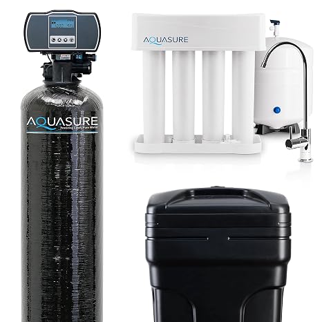 Aquasure 32,000 Grains Whole House Water Filter Bundle with Automatic Digital Metered Control Softener and 75 GPD RO Reverse Osmosis Drinking System | Removes Hardness | Ideal for 1-3 bathrooms