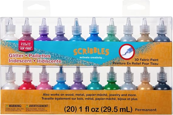 Bulk Buy: Scribbles Glitter 3D Paint Glitter - Pack of 20, Permanent Dimensional Paints for Fabrics, T-shirts, Backpacks, Posters, Glass, Wood and More