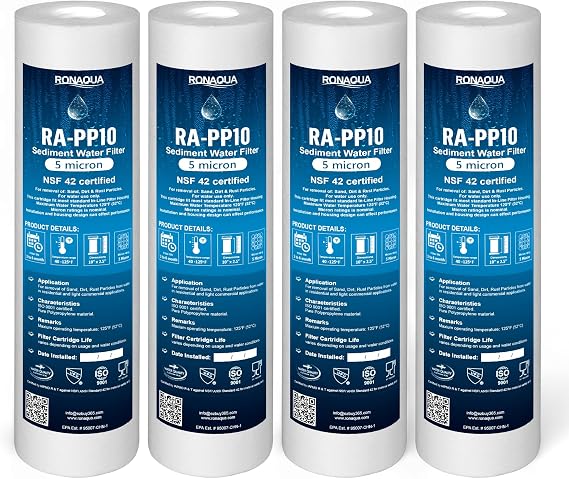 Sediment Water Filter Cartridge by Ronaqua 10"x 2.5", Four Layers of Filtration, Removes Sand, Dirt, Silt, Rust, made from Polypropylene (4 Pack, 5 Microns)
