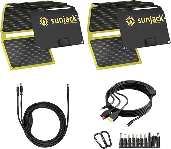 SunJack 80W Solar Panel Charger Kit - Includes Parallel Adapter Cable and 2X 40W IP67 Waterproof ETFE Folding Solar Panels with DC5521 / USB-A / PD30W USB-C - Outdoor Camping, RV, Off-Grid, Emergency
