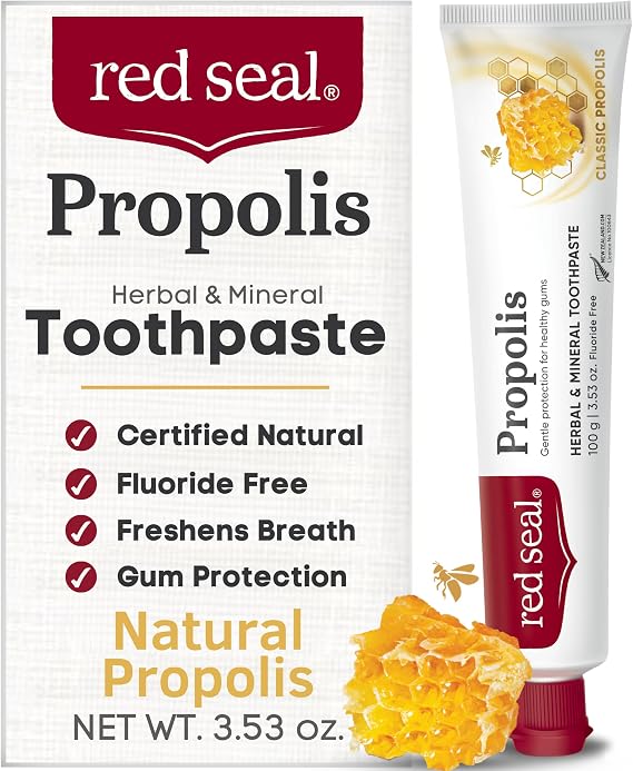 Red Seal Propolis Herbal & Mineral Natural Toothpaste - Mild Mint - Fluoride Free, Organic Toothpaste, NATRUE Certified Natural - Natural Gum Health, No Artificial Flavors, Cruelty-Free, 3.53 oz
