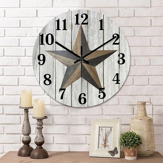 Classic Farmhouse Wall Clock Western Texas Star Country Vintage Style Wood Clock Silent Non-Ticking Battery Operated Wooden Analog Clock for Living Room School Patio Home Accent 12 Inch