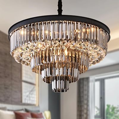 12-Light Modern Crystal Chandelier with K9 Smoky Gray & Clear Raindrop Crystal for Living Room & Dining Room, Dia 28