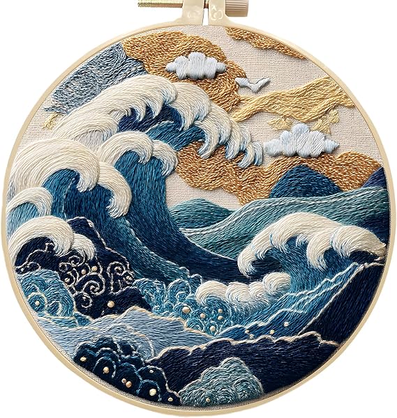 FONNUY Embroidery Kit for Beginners, Stormy Sea Wave Flowers Pre-Stamped Pattern Kits for Adults with Hoop, Easy to Follow Color Thread Needlework, 8'' Hoop (White)
