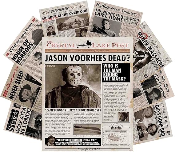 AKBOK Vintage Horror Movie Newspaper Article Poster Classic Scary Movie Character Poster Newspaper Art Prints Home Theater Set for Man Cave Living Room Bedroom 8X 10 Unframed 9Pcs