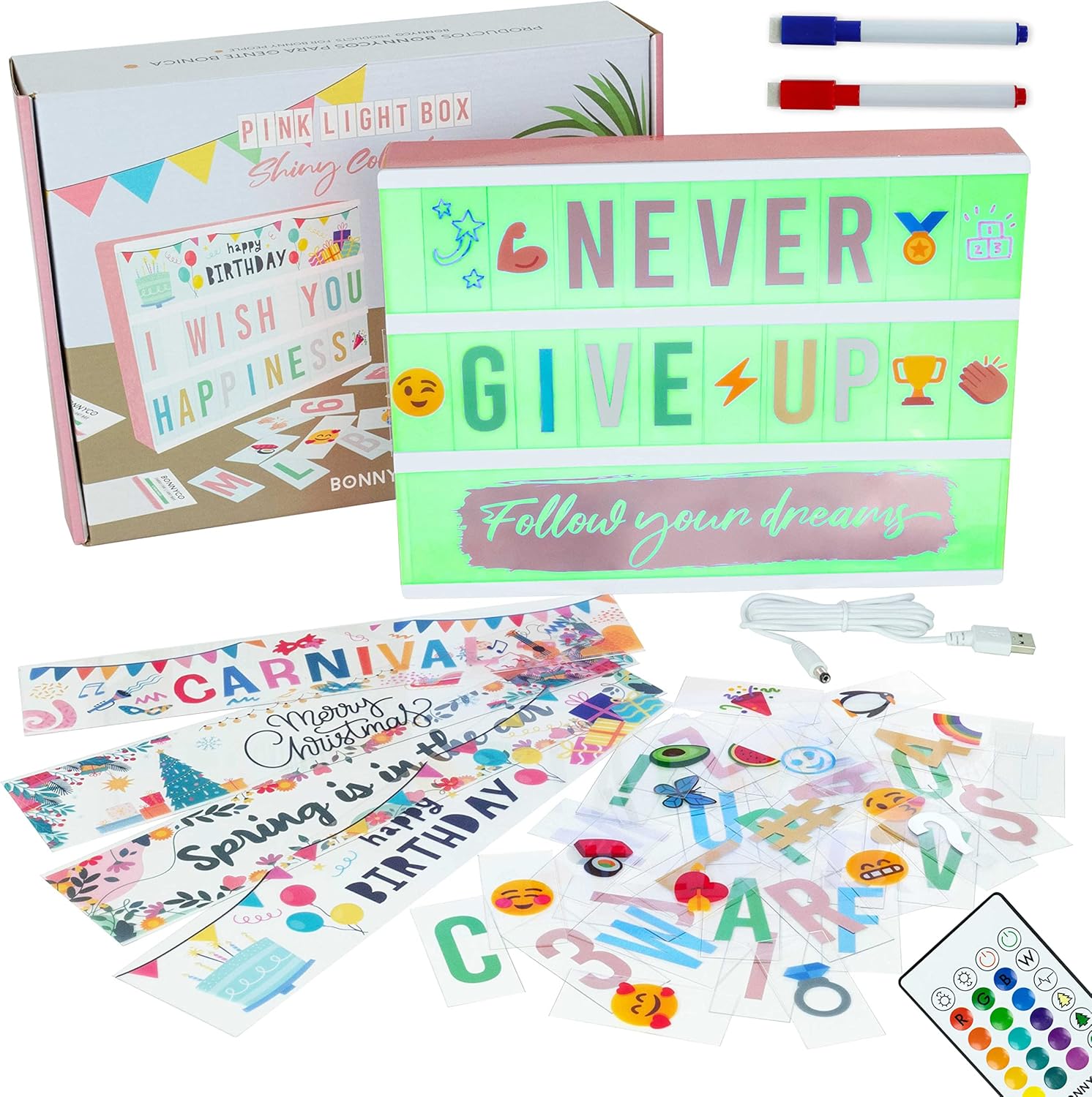 BONNYCO Cinema Light Box A4 Rose Gold 16 Colours with 400 Letters and Emojis, 10 Premium Cards, Remote Control, 2 Markers LED Light Up Box, Novelty Gifts for Women, Gifts for Girls Christmas Gifts