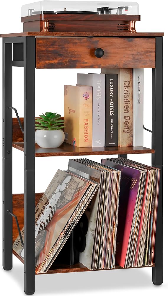 OUUTMEE Vinyl Record Player Stand, 3-Tier Record Player Table with Drawer & Storage Shelf up to 100 Albums, Turntable Stand Record Player Shelf End Table for Living Room Bedroom Office