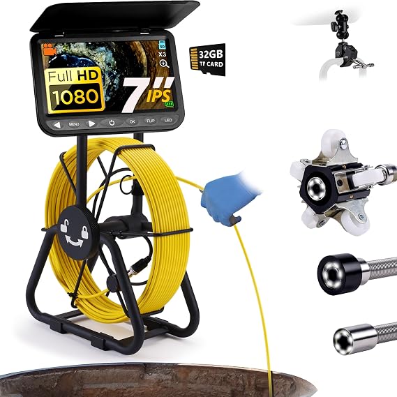 2025 New 7 Sewer Camera, HD 1080P w/DVR-32GB, [New 1s Twist-to-Unlock System] Plumbing Snake Pipe Inspection Camera, [Thicker Cable Reel] Drain Camera, 5000mAh, [360+180 Rotate] 100ft/30m