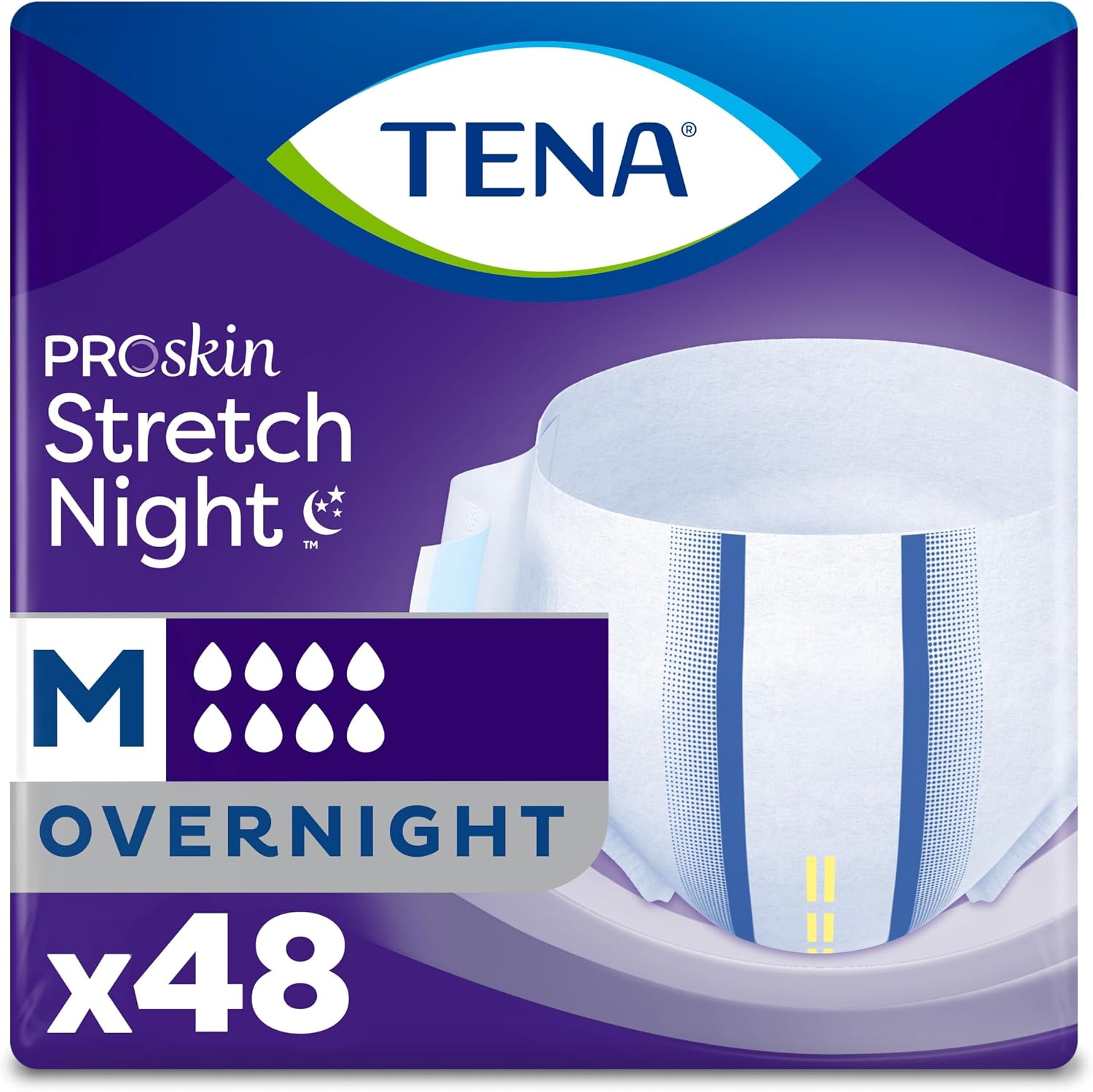 TENA ProSkin Overnight Protection Incontinence Underwear for Women & Men, Stretch, Adult Diaper Stretch Briefs, Medium, 48 Count 4 Packs of 12 Packaging May Vary