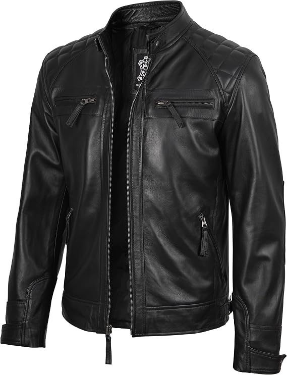 fjackets Mens Leather Jacket Moto Style Real Lambskin Leather Jacket, Quilted Cafe Racer Classic Zip Up Biker Jacket for Men