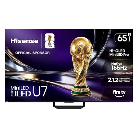 Hisense 65" U7 Mini-LED ULED 4K UHD Best Premium Gaming HDR Smart Fire TV (65U7SF, 2026 New) - Hi-QLED, Native 165Hz, VRR 330, Dolby Vision IQ Atmos, IMAX Enhanced, Anti-Reflection, 2.1.2 Ch, Alexa+