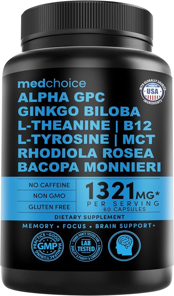 MEDCHOICE 12-in-1 Nootropic Brain Supplement, Non-Caffeinated, 60ct | Memory, Focus and Brain Support, Ginkgo Biloba with Alpha GPC and L-Theanine, Non-Caffeinated, Nootropic Supplement