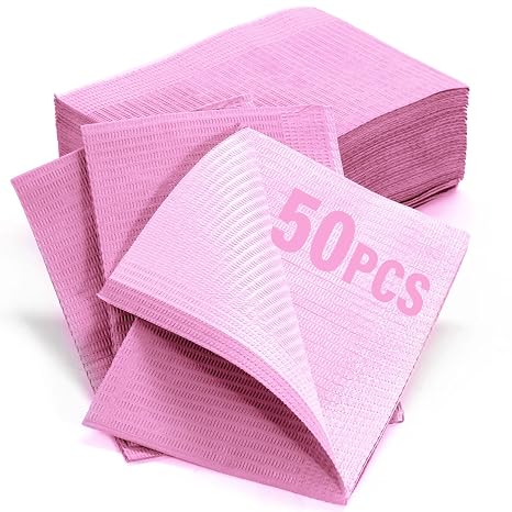LA MIERE 50-Pack Pink Disposable Dental Bibs 13x18, 3-Ply Water-Resistant Patient Bibs with Poly Backing, Soft Absorbent Dental Office Bibs