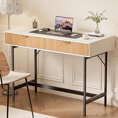 45 Inch White Desk with Drawers, Small Writing Desks for Bedroom, Fluted Cute Desk with Storage for Vanity, Wood Computer Table for Living Room Small Spaces Home Office Study