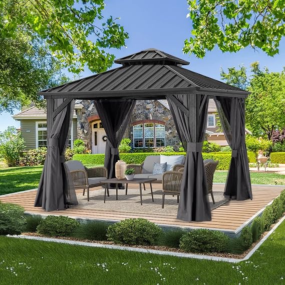 ABCCANOPY Hardtop Gazebo 8x8 - Outdoor Metal Hard Top Gazebo, Permanent Galvanized Steel Aluminum Framed Pavilion with Netting and Curtain for Patio Backyard Lawn Garden (Double Roof, Gray)