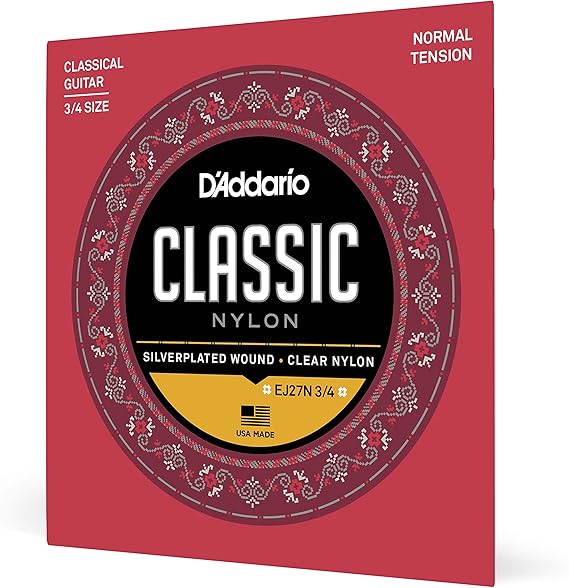 D'Addario Student Nylon Classical Guitar Strings, EJ27N, Normal Tension, 3/4 Scale, 6-String Set, Pack of 1